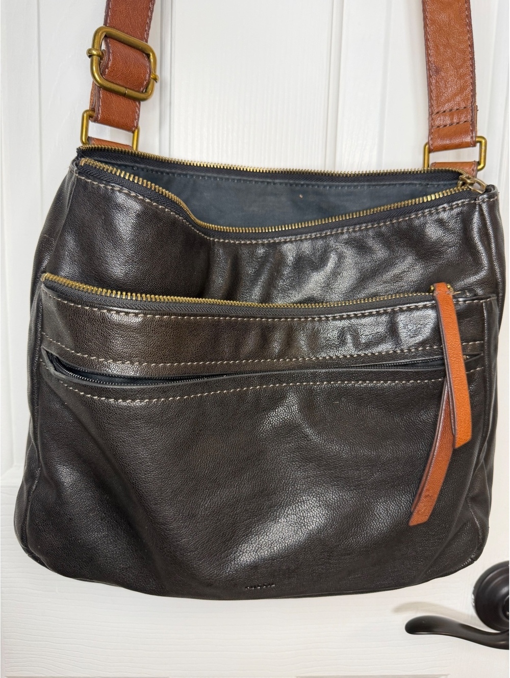 Dark Brown Leather Crossbody Bag – Brass Hardware, Adjustable Strap